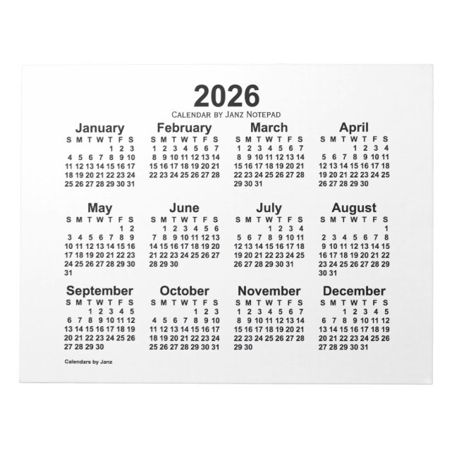 Bloc De Notas Calendario Blanco 2026 por Janz 11x8.5 Notepad (Frente)