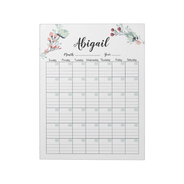 Bloc De Notas Calendario de planificación mensual perpetuo flora (Lado Izquierdo)