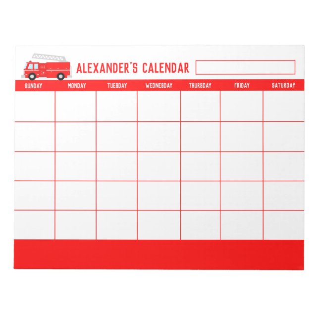 Bloc De Notas Calendario Mensual de Camión Rojo para Niños (Frente)