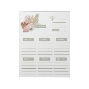 Bloc De Notas Calendario Planificador Semanal Floral Boho Verde 