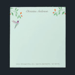 Bloc De Notas California Hummingbird<br><div class="desc">Unique notepad featuring a hand-painted Anna's Hummingbird and flowery branches on a pale blue background. Anna's Hummingbird can be found year-round resident in California,  breeding in winter and nesting during the rainy season in gardens and parks to chaparral,  frequenting feeders and native plants.</div>