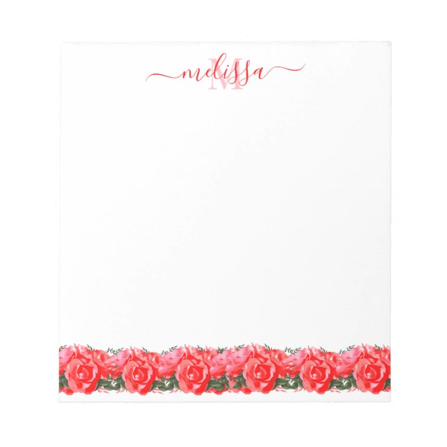Bloc De Notas Cama Rosa Roja De Rosas Monograma Notepad (Frente)