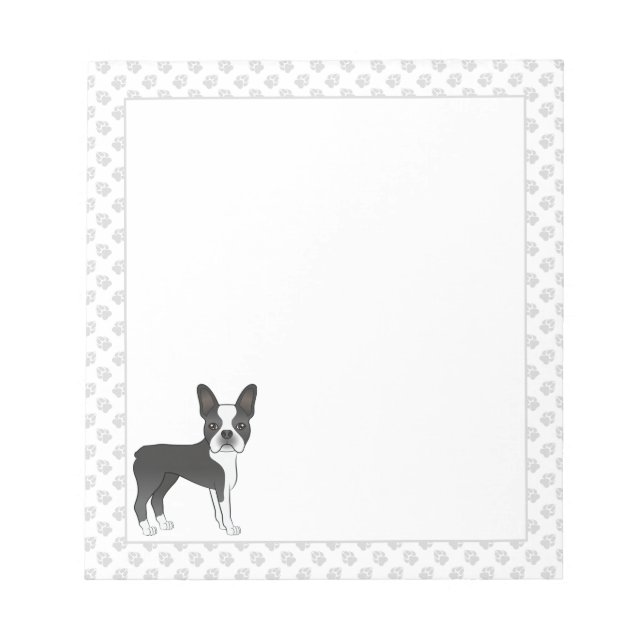 Bloc De Notas Caricatura de Black And White Boston Terrier Perro (Frente)