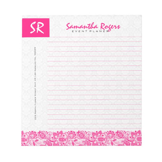 Bloc De Notas Carne floral rosa caliente monogramada y damascos  (Frente)