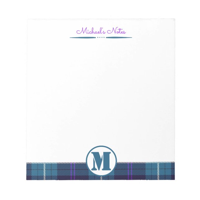 Bloc De Notas Celadon Blue-Dark Blue Plaid Tartan Monogrammed (Frente)