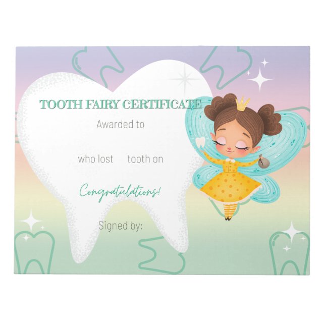 Bloc De Notas Certificados de Faery de Hadas Dientes (Frente)