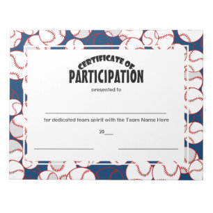 Bloc De Notas Certificados de participación de béisbol