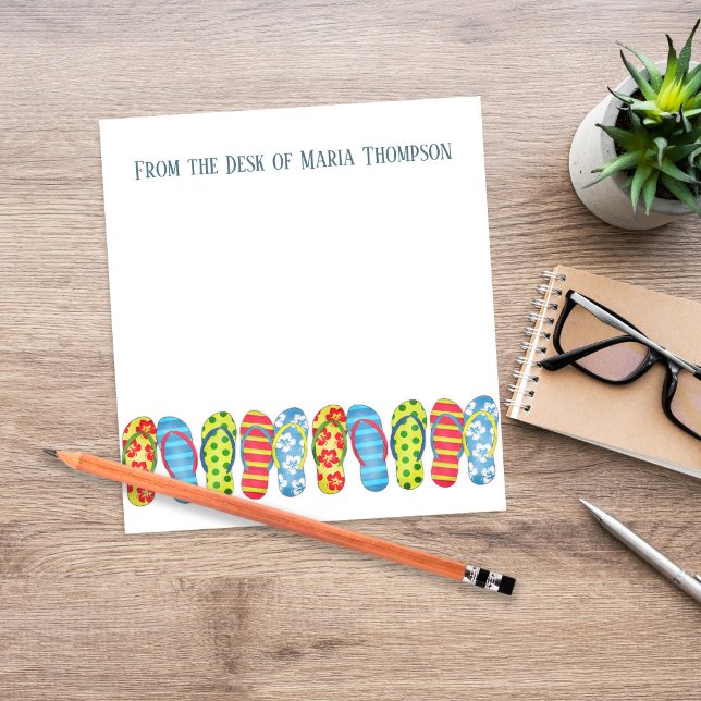 Bloc De Notas Chanclas modernas de moda para la playa de verano (Personalized summer notepad with colorful flip flop border and custom name header, perfect for fun.)