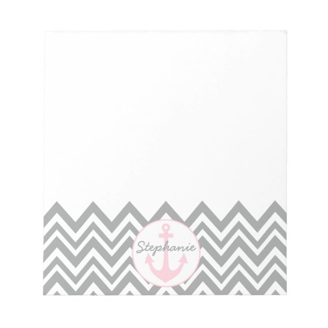 Bloc De Notas Chevron gris y blanco con náutica rosa pastel (Frente)