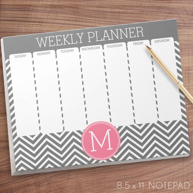 Bloc De Notas Chevrras gris y rosadas de planificación semanal c (Weekly Planner Notepad - Personalized)