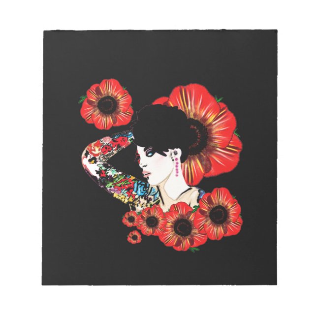 Bloc De Notas Chica de tatuaje entre las flores de amapola Arte  (Frente)