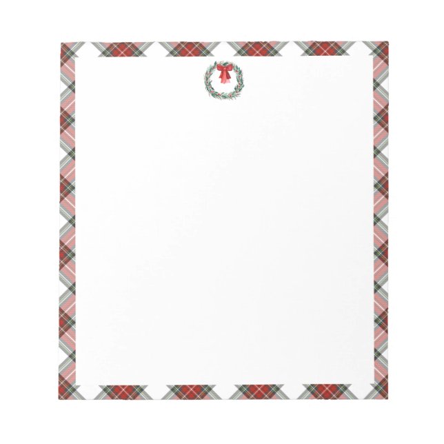 Bloc De Notas Christmas Tartan Plaid Wreath Bow Stationary Paper (Frente)