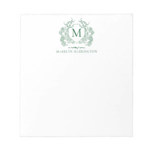 Bloc De Notas Clásico Vintage Verde Crest Floral Monograma