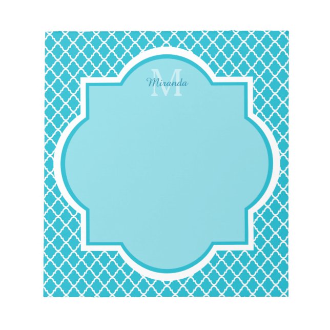 Bloc De Notas Classy Turquoise Blue Quatrefoil Monogram and Name (Frente)