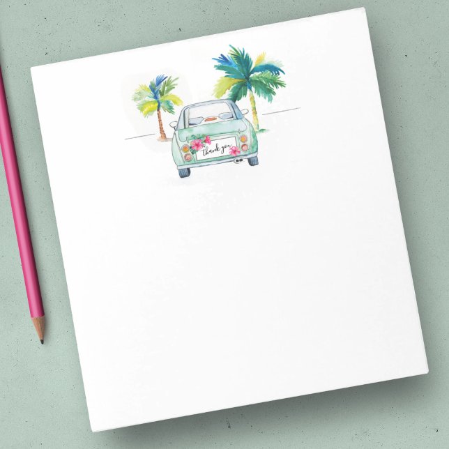 Bloc De Notas Coche de acuarela tropical Stationery Palm Trees (Cute notepad thank you watercolor car and palm tree art by Victoria Grigaliunas of Do Tell A Belle)