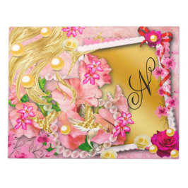 Bloc De Notas Collage floral rosa Fairy Gold Bird Monogramado