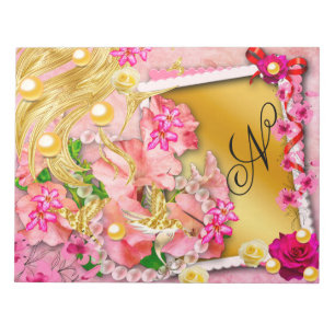 Bloc De Notas Collage floral rosa Fairy Gold Bird Monogramado