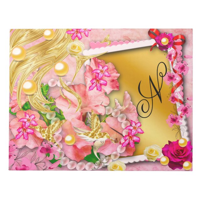 Bloc De Notas Collage floral rosa Fairy Gold Bird Monogramado (Frente)