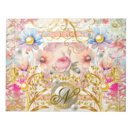 Bloc De Notas Collage floral rosa Fairy Gold Bird Monogramado