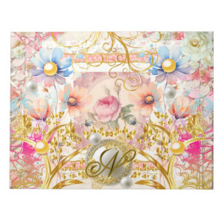 Bloc De Notas Collage Floral Rosa Hada Oro Monograma Pájaro