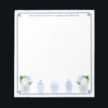Bloc De Notas Color De Agua Azul Y Blanco Chinoiserie Personaliz<br><div class="desc">Nota elegante que puede personalizar con su propio texto incluyendo un nombre. El diseño incluye un borde de esquina de la llave griega con imágenes de jarrón de jengibre en color agua. Estas jarras de jengibre fueron pintadas a mano originalmente por mí antes de ser escaneadas en forma digital (las...</div>