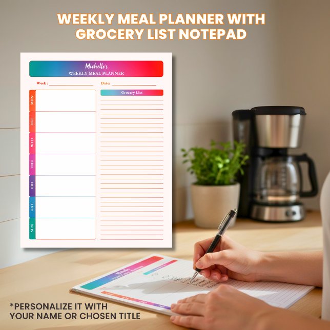 Bloc De Notas Colores de la lista de compras de comestibles sema (Personalized Name and Title Meal Plan and Shopping List Colorful Notepad)