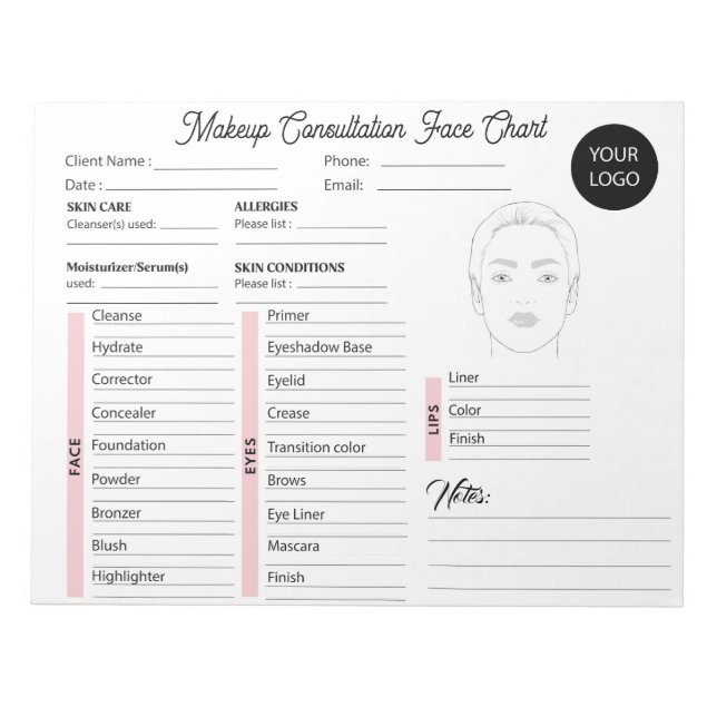 Bloc De Notas Consulta de maquillaje: gráfico blanco y rosado (Frente)