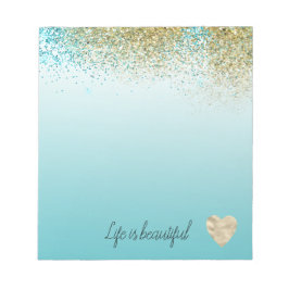 Bloc De Notas Corazón Aqua Ombre Brillo Falso Dorado