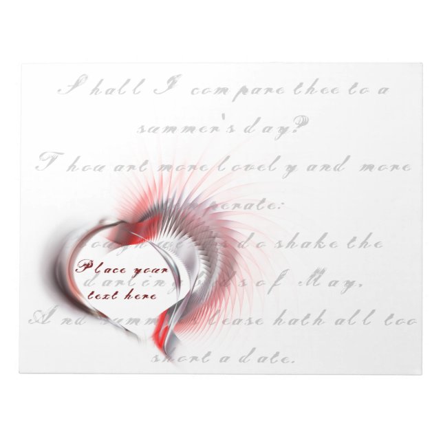 Bloc De Notas Corazón metalizado con el soneto de Shakespeare 18 (Frente)