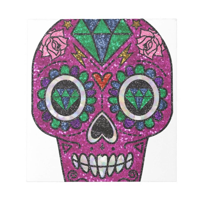 Bloc De Notas cráneo de azúcar purpurina rosa (Frente)