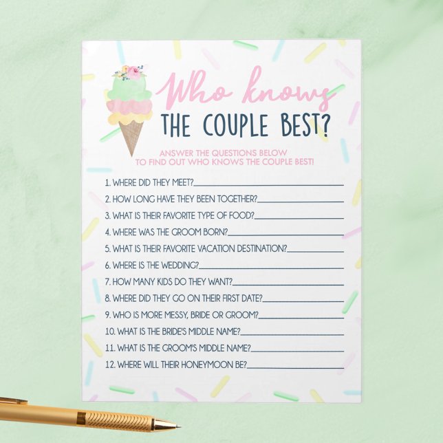 Bloc De Notas Crema de hielo que conoce al par mejor paquete de  (Who Knows the Couple Best Ice Cream Scooped Up Bridal Shower Game Pack of 40 Answer Sheets)