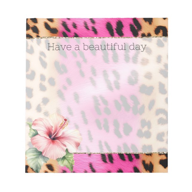 Bloc De Notas Crema rosa Girona Leopardo Negro Flor Hibiscus (Frente)