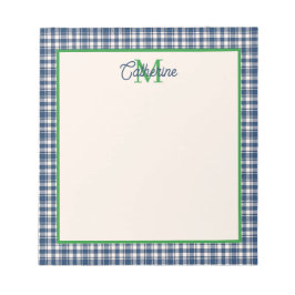 Bloc De Notas Cuadro de Gingham Azul y Verde Tartán Monograma