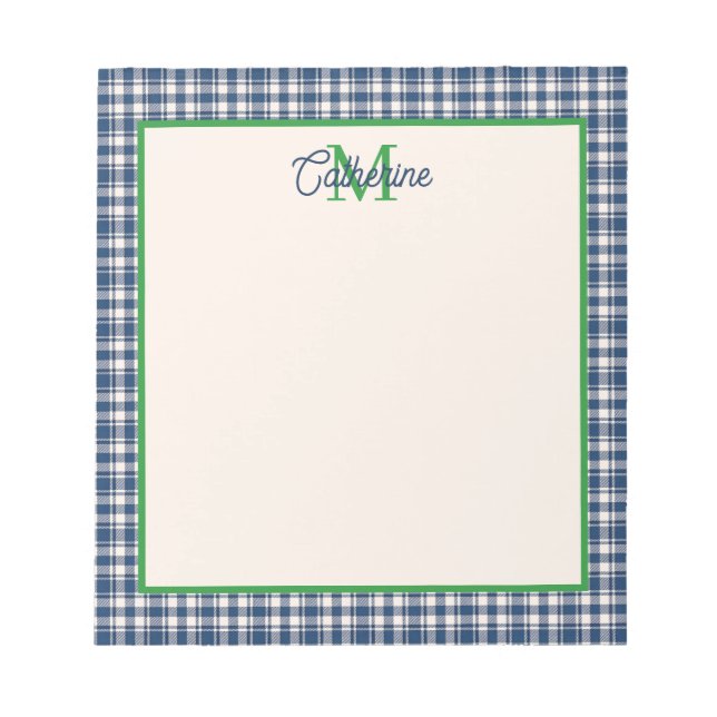 Bloc De Notas Cuadro de Gingham Azul y Verde Tartán Monograma (Frente)