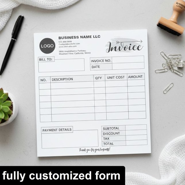 Bloc De Notas Custom invoice Form with Logo, Gray Small Business (add your logo receipt book, professional invoice template)