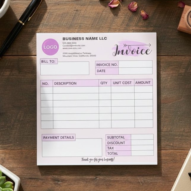 Bloc De Notas Custom invoice Form with Logo, Pink Small Business (aesthetic invoice template pink, girly business supplies, custom logo receipt tracker)