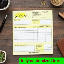 Bloc De Notas Custom Invoice Receipt, Yellow Small Business Name
