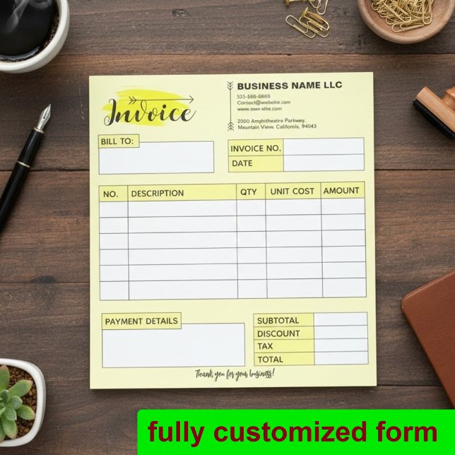 Bloc De Notas Custom Invoice Receipt, Yellow Small Business Name (professional sales book, custom business forms, yellow invoice pad)