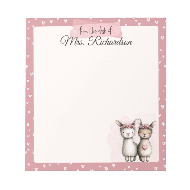 Bloc De Notas Custom Valentine Notepad Cute Pink Llama & Hearts (Frente)