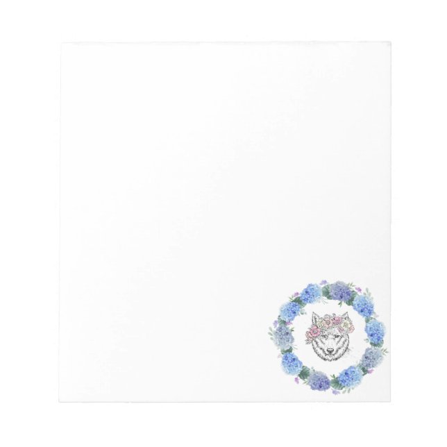 Bloc De Notas Cute Floral Azul Hydrangea Wolf Diseño Notepad (Frente)