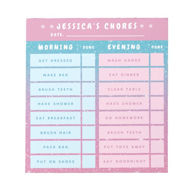 Bloc De Notas Cute Girly Pink Blue Glitter Kids Daily Chores (Frente)