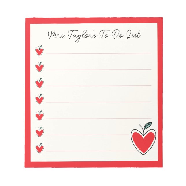 Bloc De Notas Cute Heart Apple Teacher To Do List Valentine Gift (Frente)