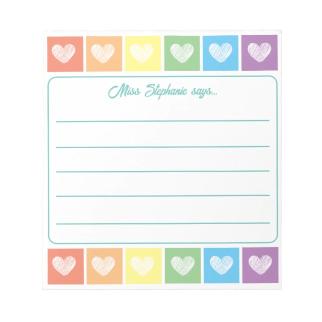 Bloc De Notas Cute Rainbow Y Heart Teacher Name Notepad (Frente)