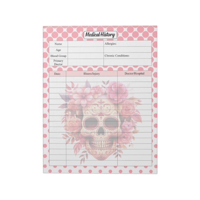 Bloc De Notas Cute Sugar Skull Medical History Notes (Lado Izquierdo)