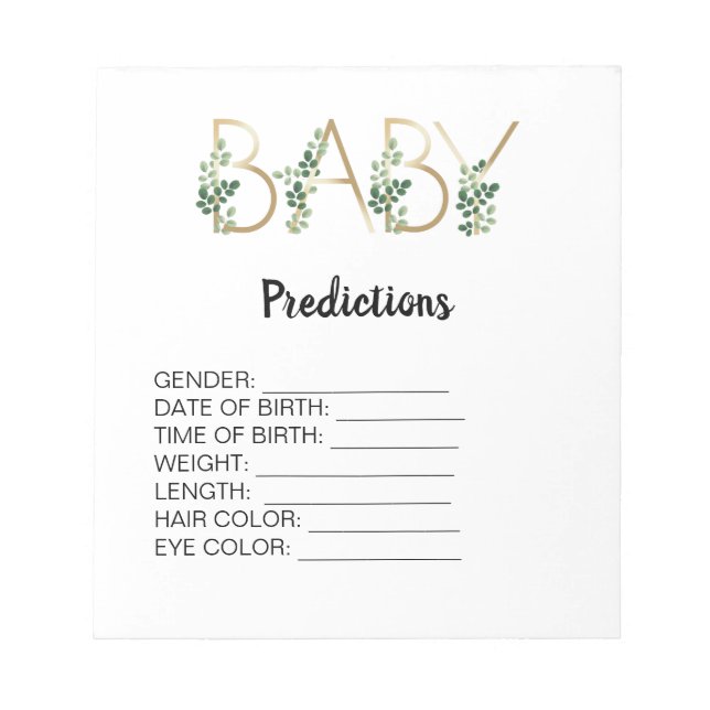 Bloc De Notas Cutie Baby Shower Predictions Game Greenery Floral (Frente)