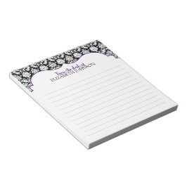 Bloc De Notas Damasco floral blanco, negro, morado personalizado