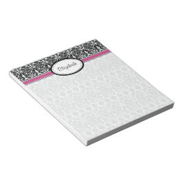 Bloc De Notas Damasco floral blanco, negro y rosa personalizado