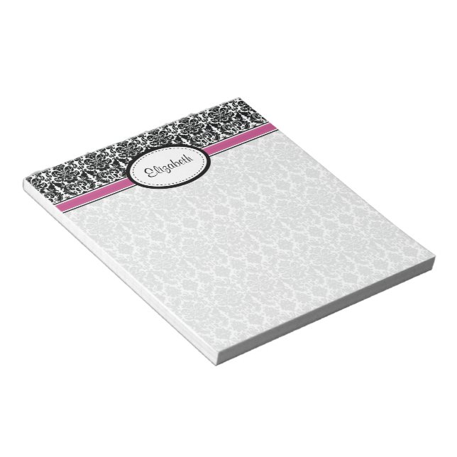 Bloc De Notas Damasco floral blanco, negro y rosa personalizado (Lado Derecho)