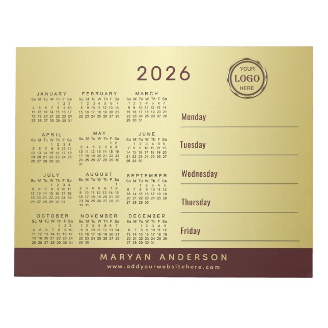 Bloc De Notas Dark-red gold design,Logo or Photo calendar, (Frente)