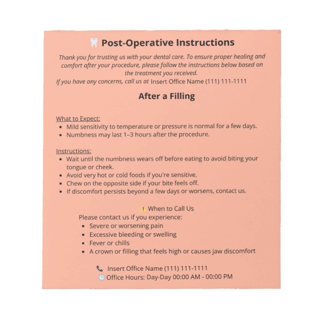 Bloc de notas de instrucciones para el posteo dent (Frente)